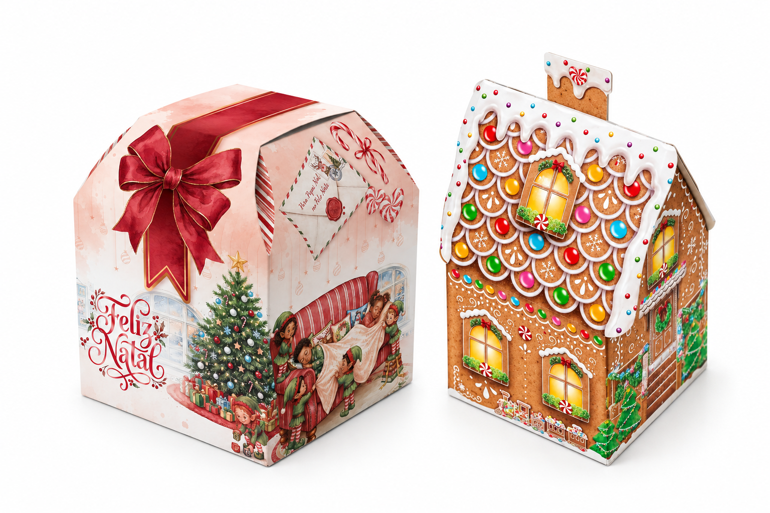 Embalagem para panetone de Natal: caixa Feliz Natal PD93-Natal e casinha PD90-Bakery da Coleção Surpresa de Natal