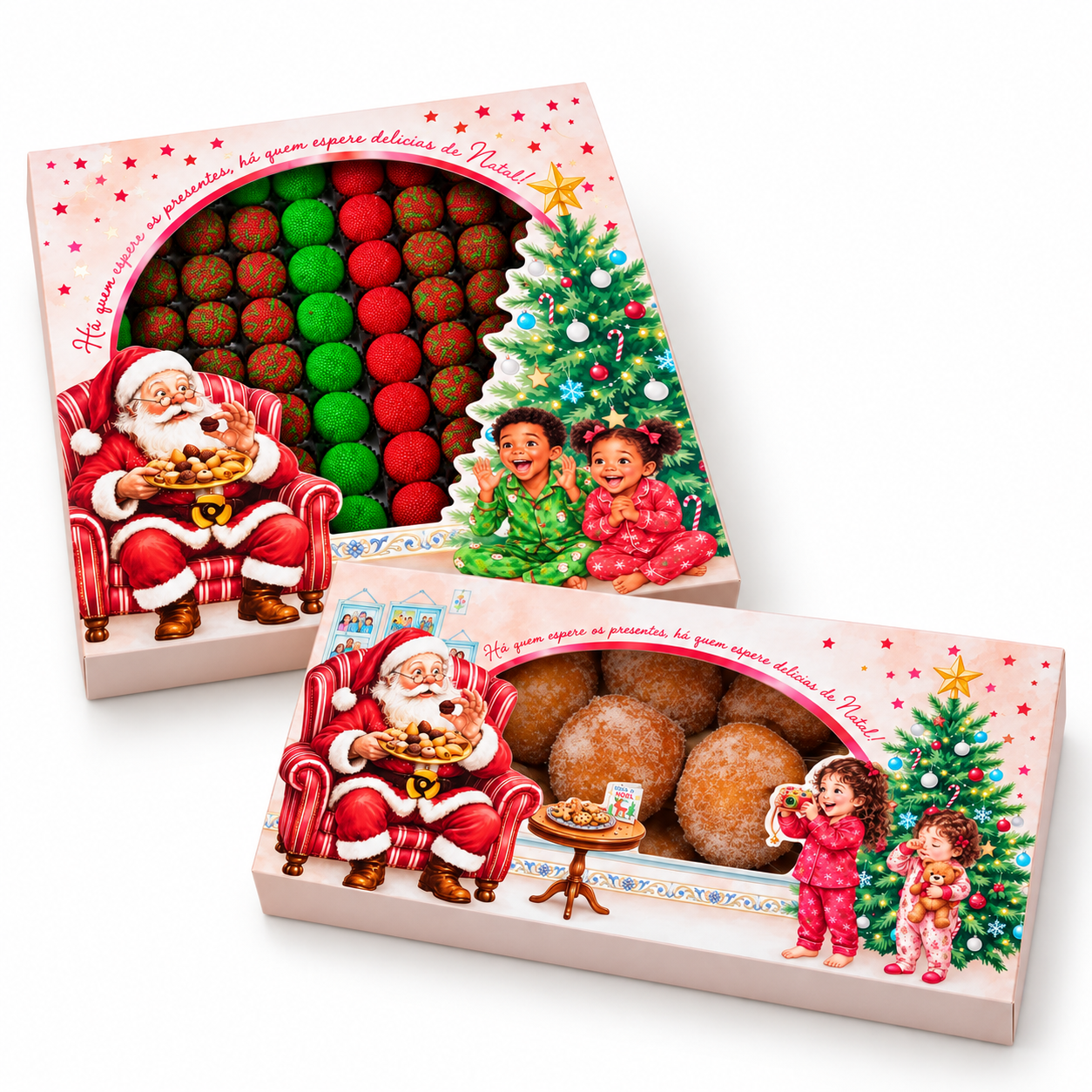 Caixas natalinas para doces e salgados de Natal com brigadeiros