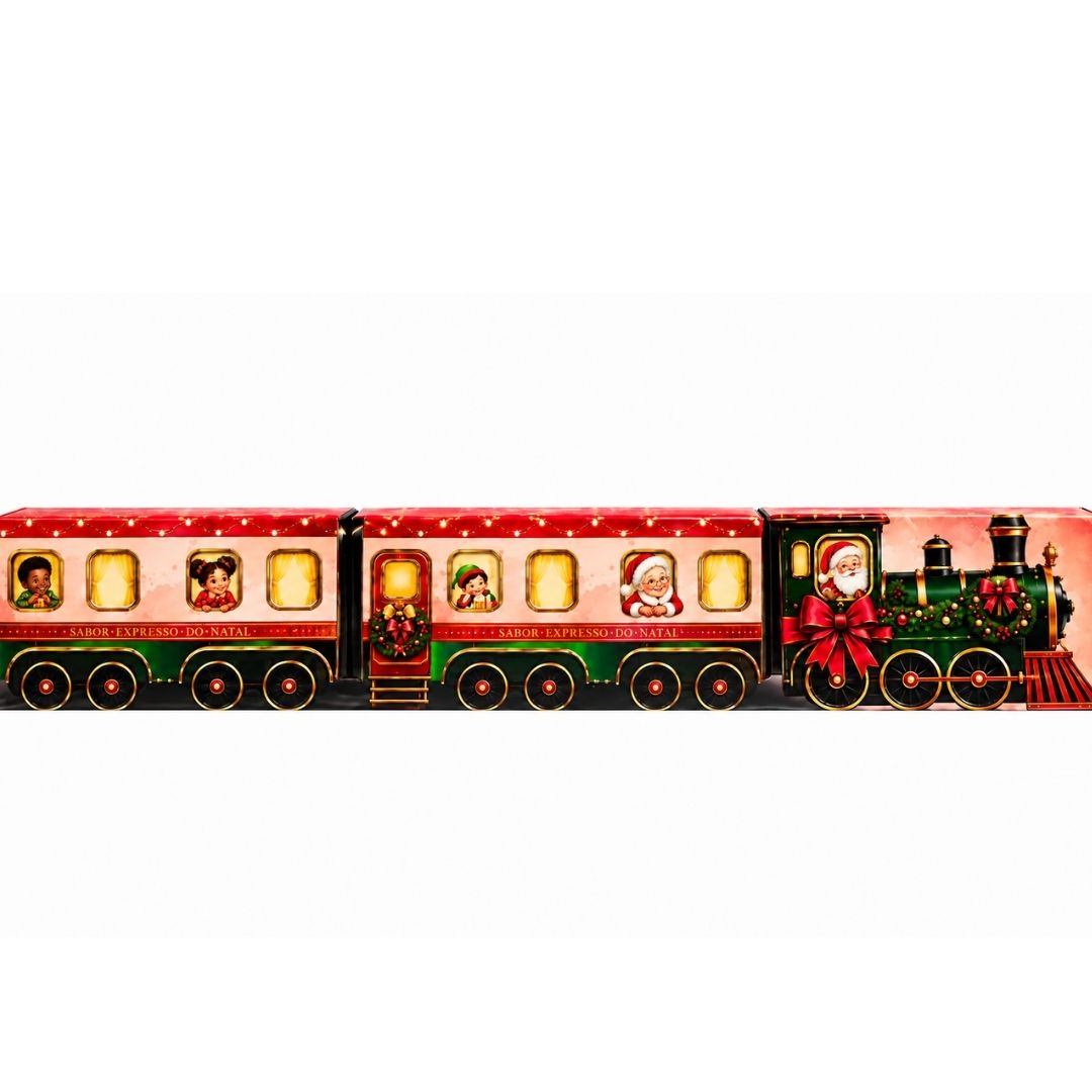 Detalhe da embalagem para lanche de metro de Natal PD4A-Natal com locomotiva do Papai Noel