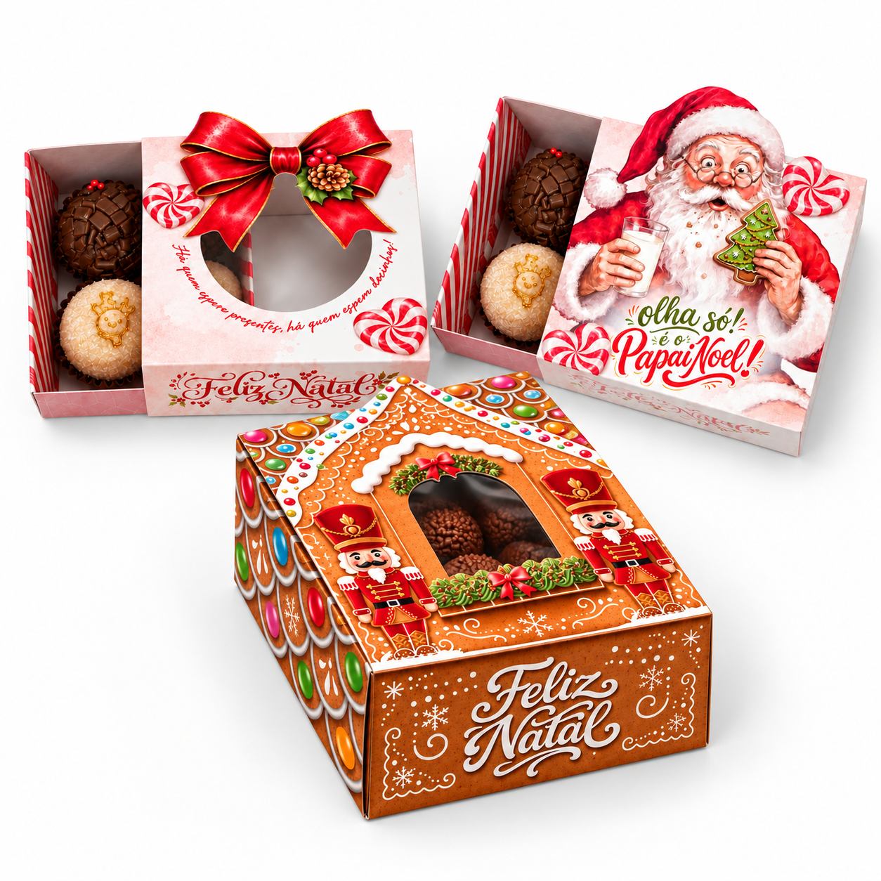 Trio de embalagens para brigadeiro de Natal PD121O, PD121N e PD121P