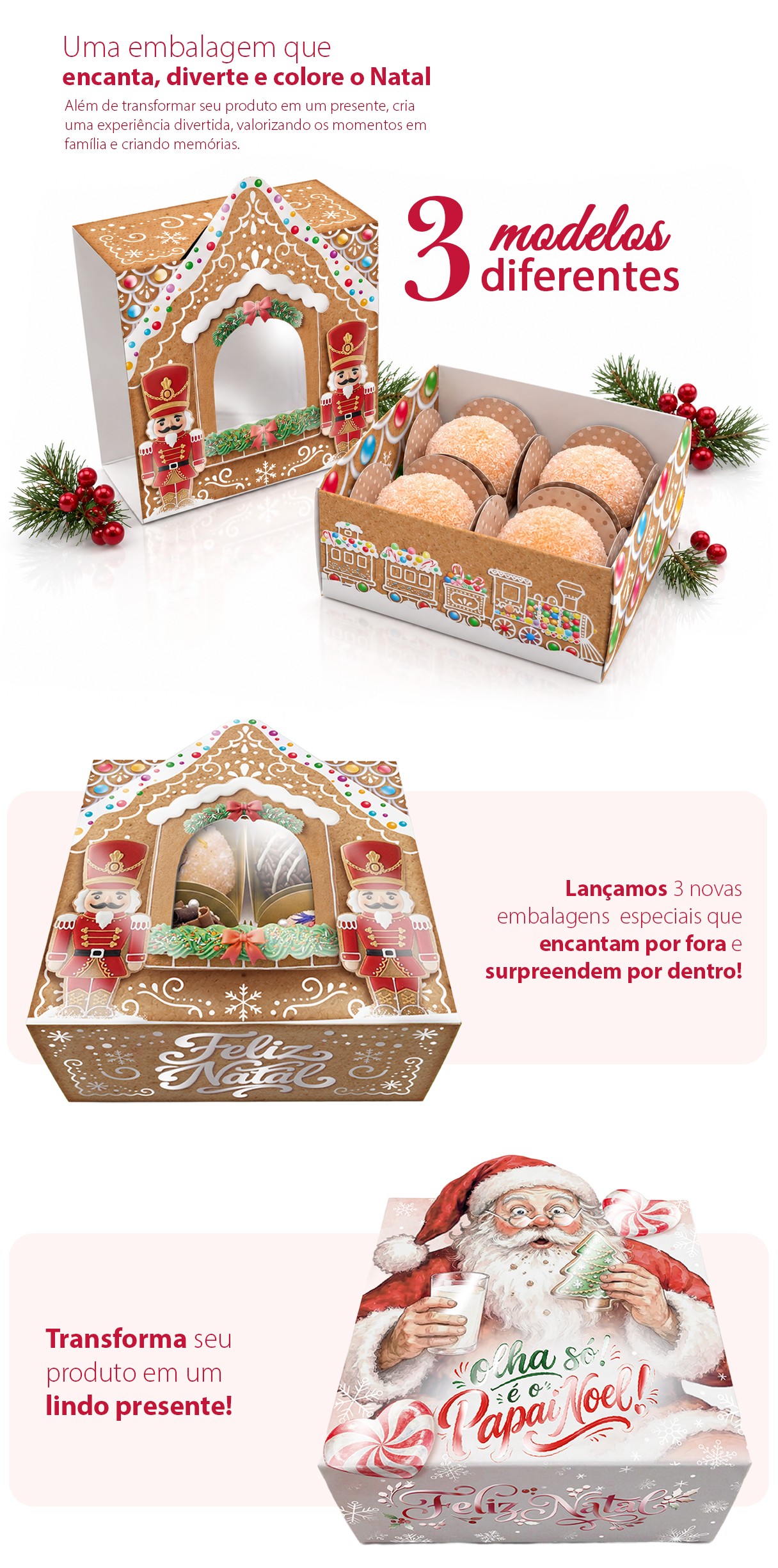 Embalagem para brigadeiro de Natal em 3 modelos: casinha de Natal, Papai Noel e laço