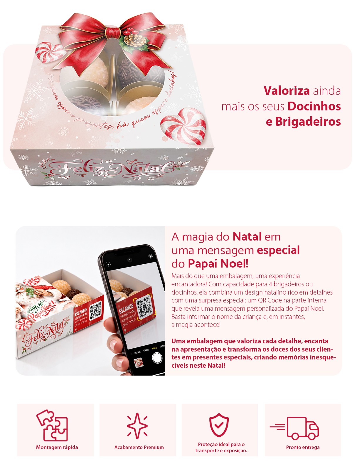 Embalagem para brigadeiro de Natal com QR Code do Papai Noel e laço natalino