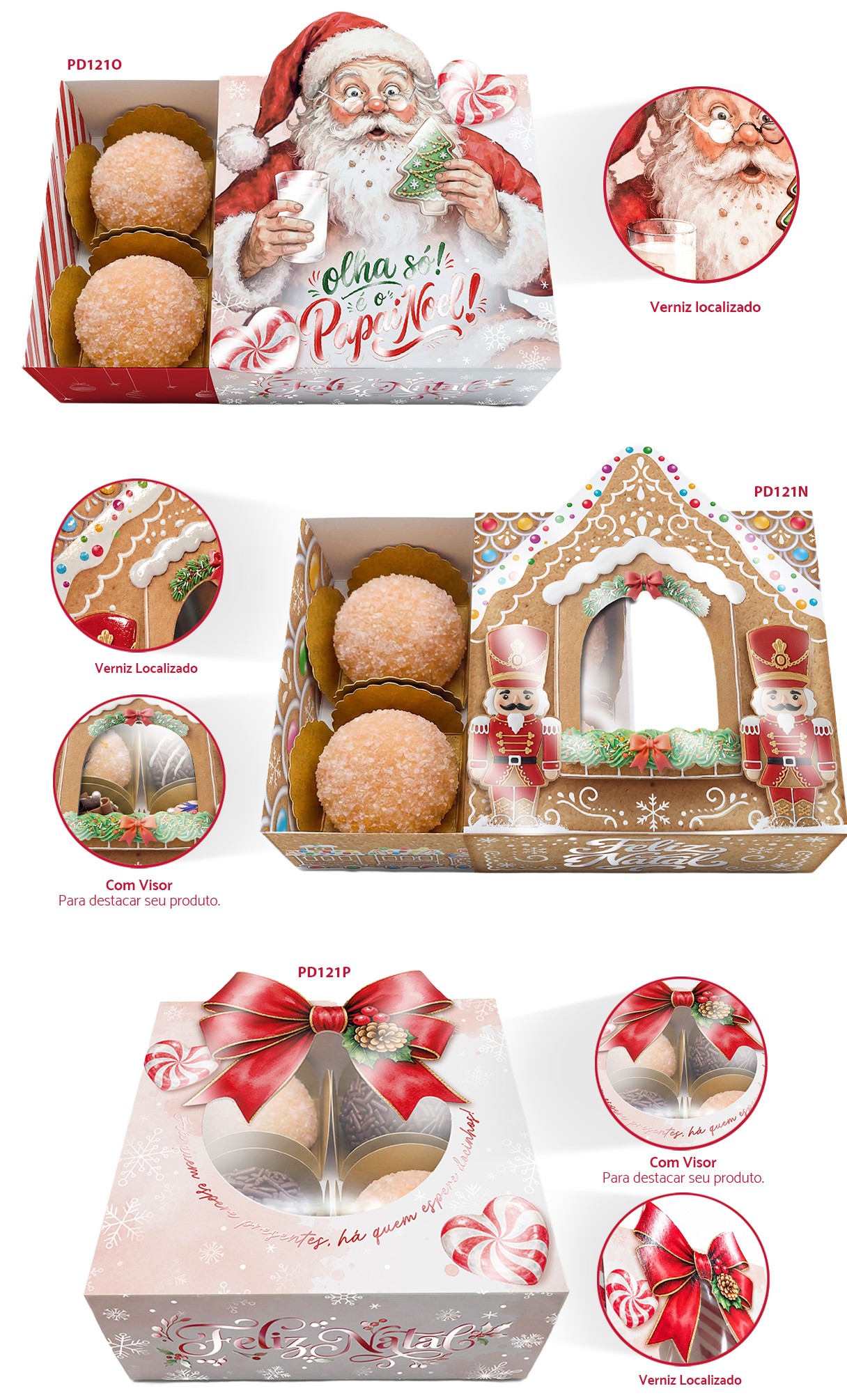 Embalagem para brigadeiro de Natal: modelos PD121O, PD121N e PD121P com visor e verniz localizado