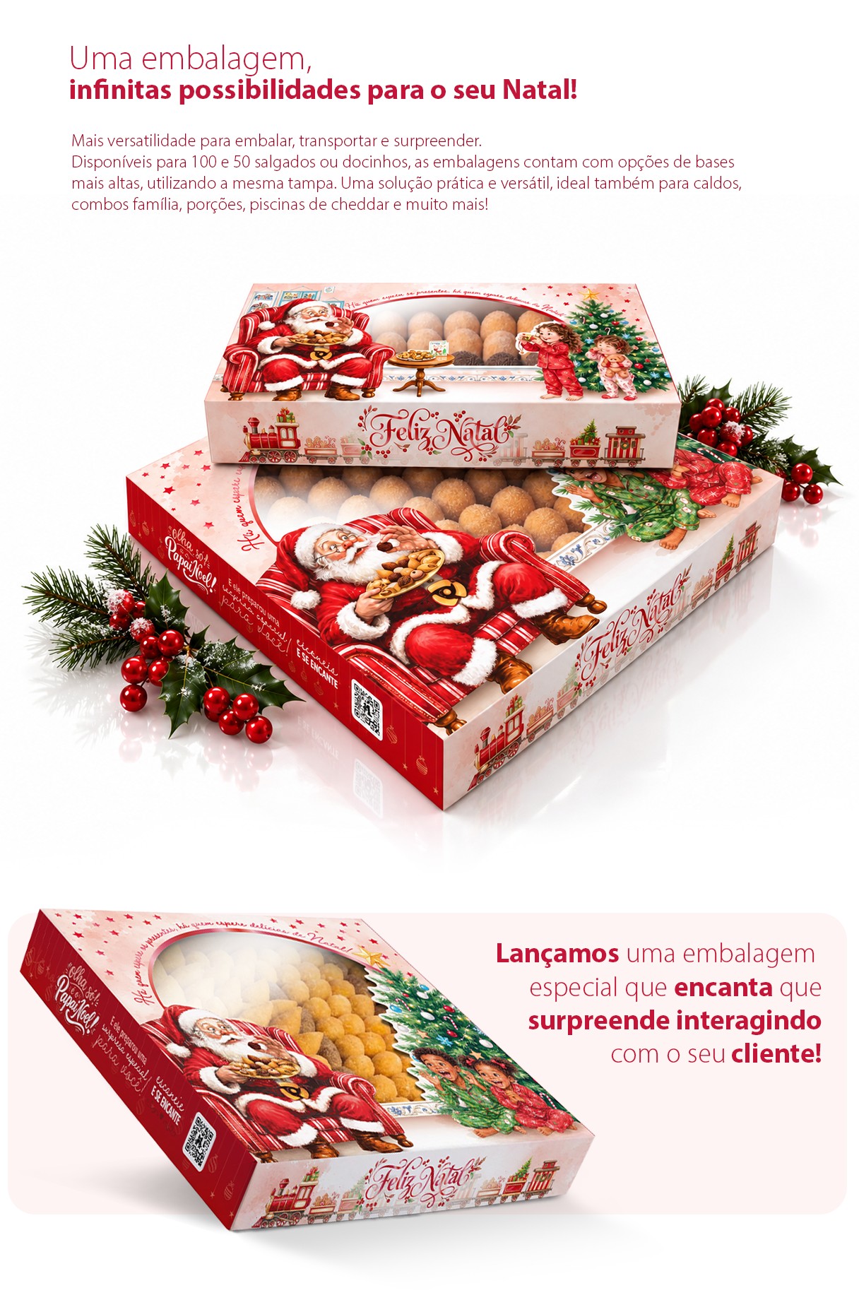 Embalagem para doces e salgados de Natal com salgadinhos e docinhos, Coleção Surpresa de Natal