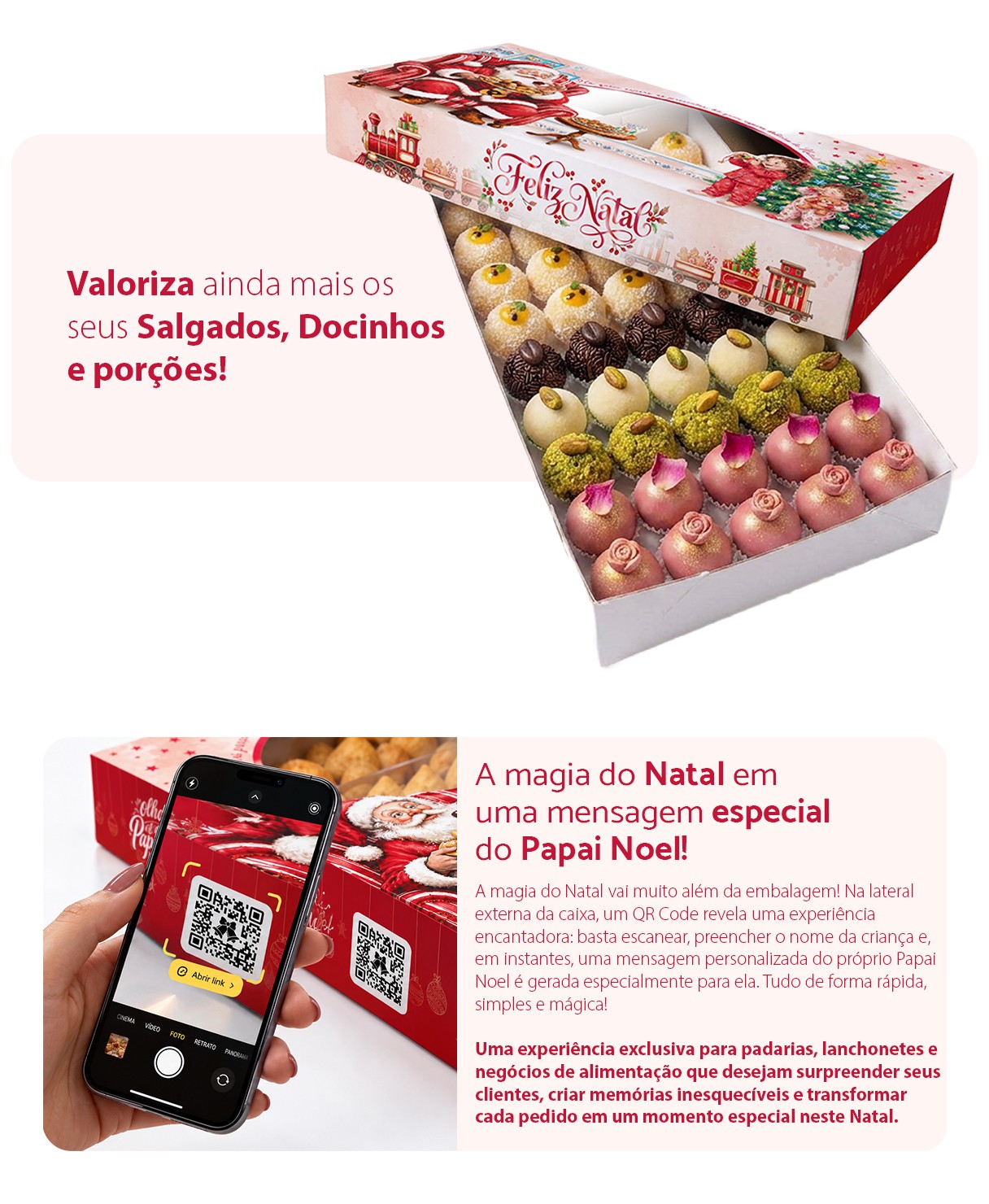 Embalagem para doces e salgados de Natal com docinhos e QR Code do Papai Noel