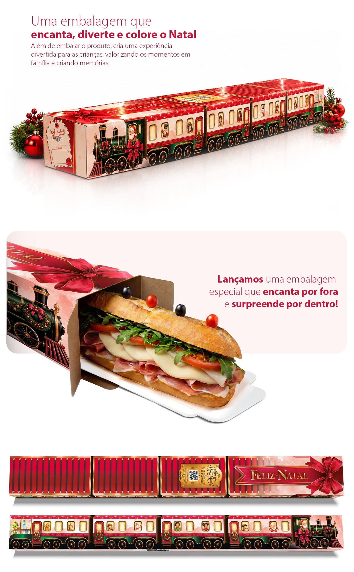 Embalagem para lanche de metro de Natal em formato de trem natalino da Coleção Surpresa de Natal