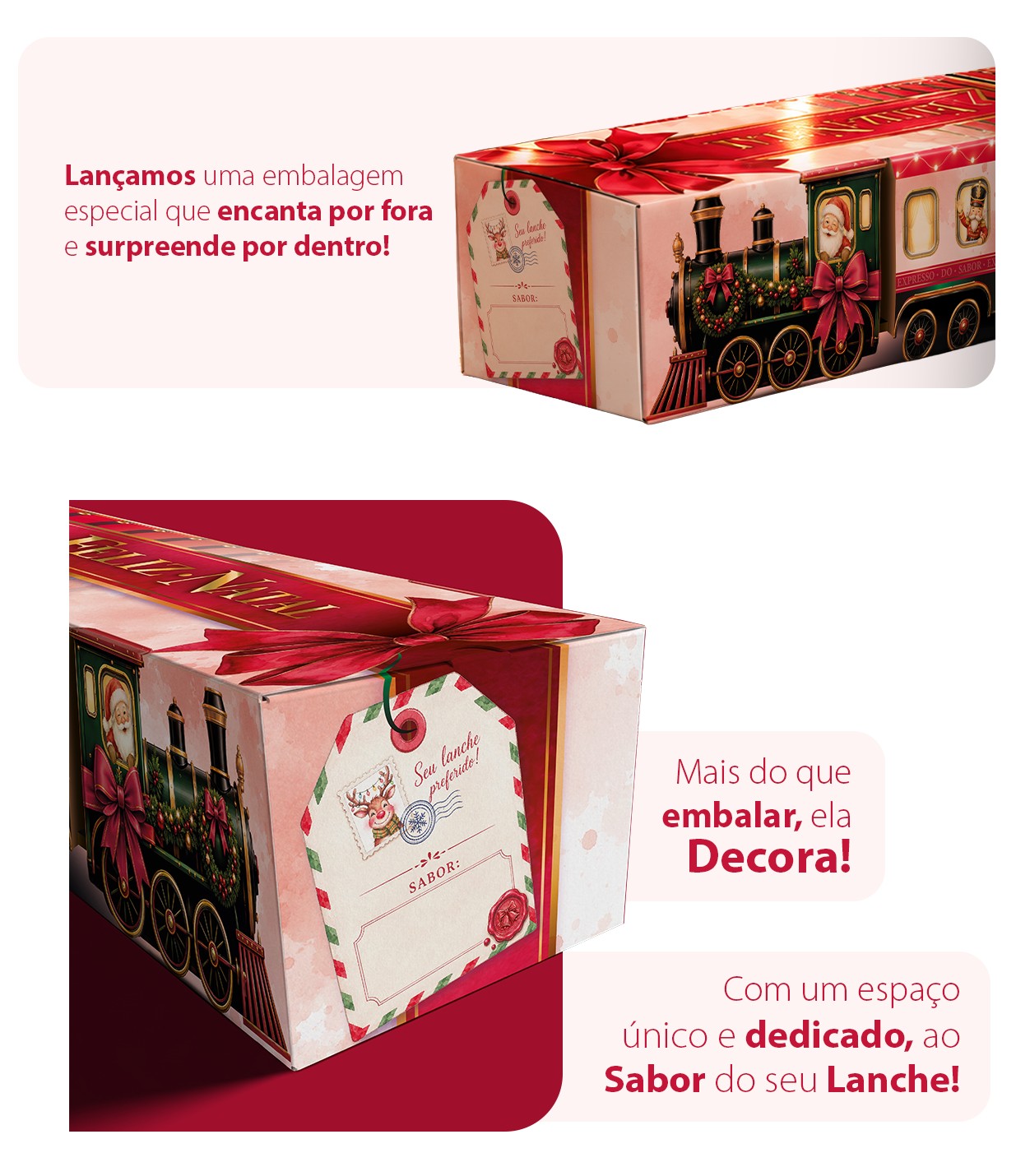 Embalagem para lanche de metro de Natal com etiqueta para identificar o sabor do lanche