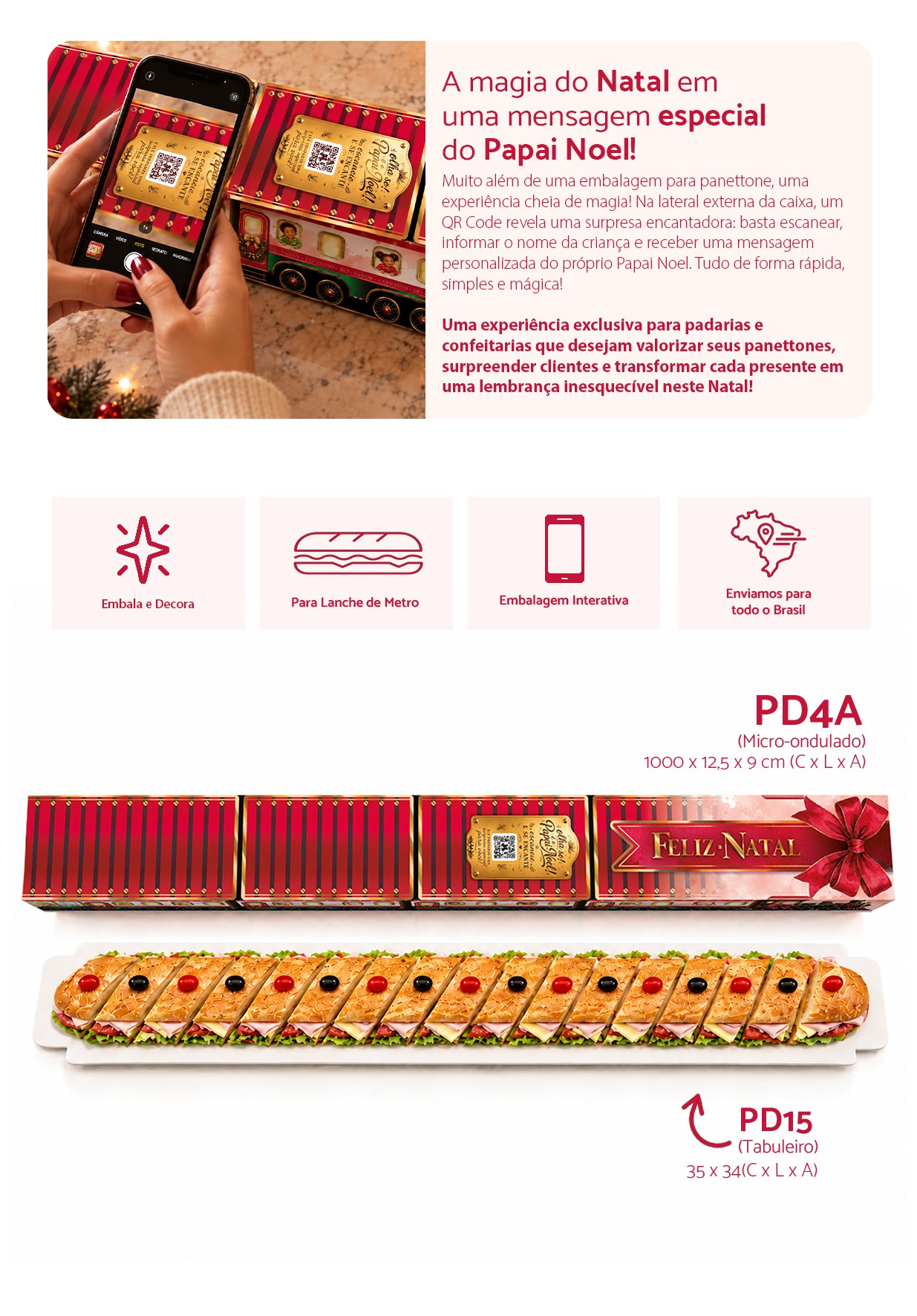 Embalagem para lanche de metro de Natal PD4A-Natal com QR Code do Papai Noel e tabuleiro PD15