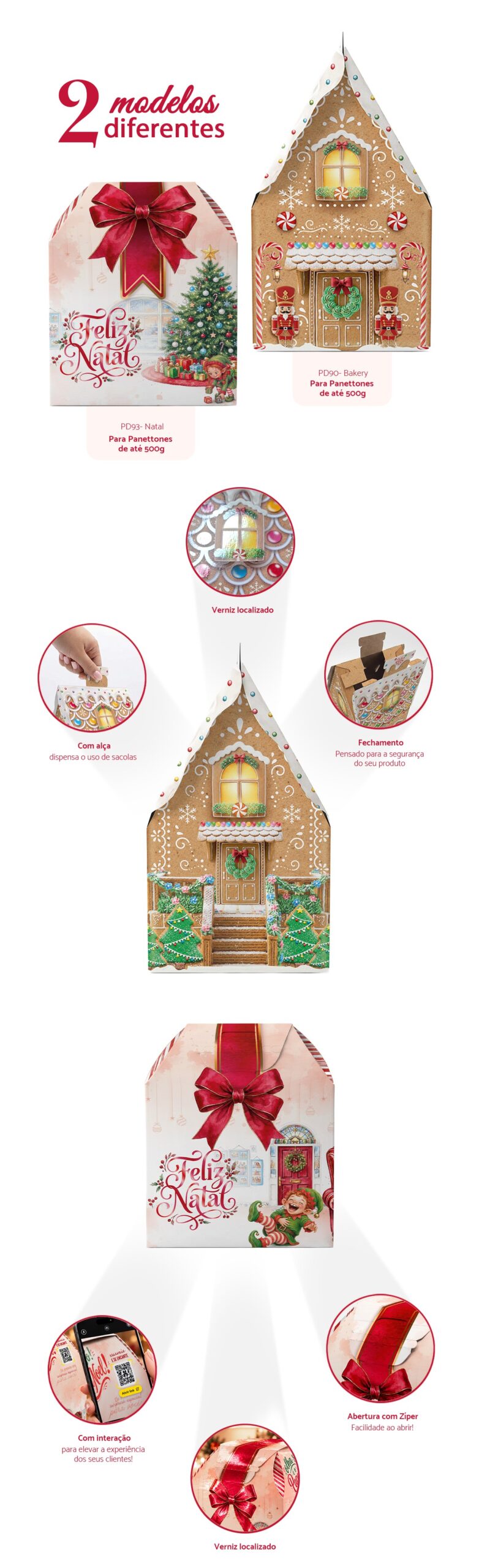Dois modelos de embalagem para panetone da Coleção Surpresa de Natal: PD93-Natal e PD90-Bakery, com detalhes de verniz localizado, alça, fechamento, zíper e QR Code
