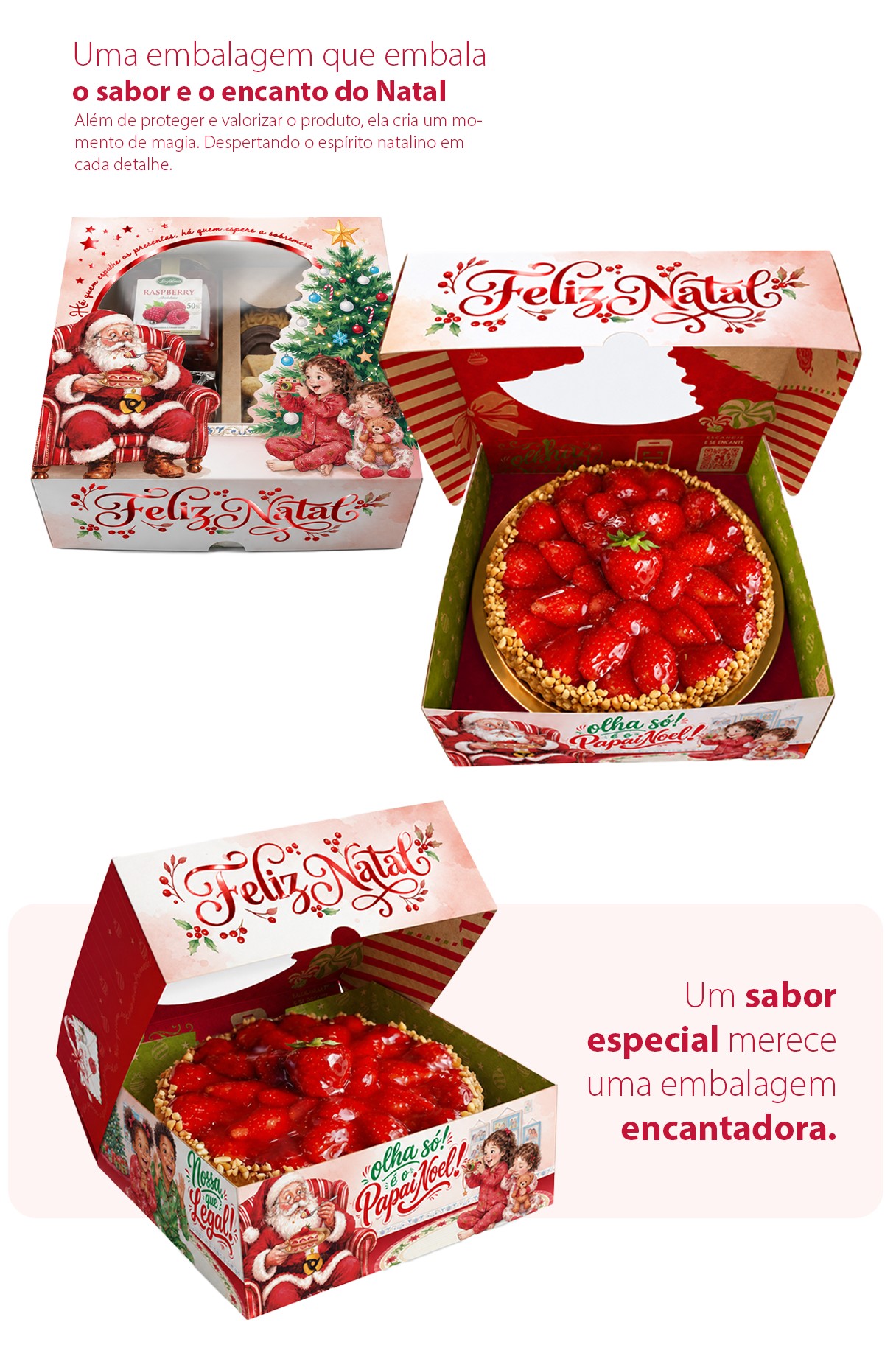 Embalagem para torta de Natal com visor e torta de morango da Coleção Surpresa de Natal