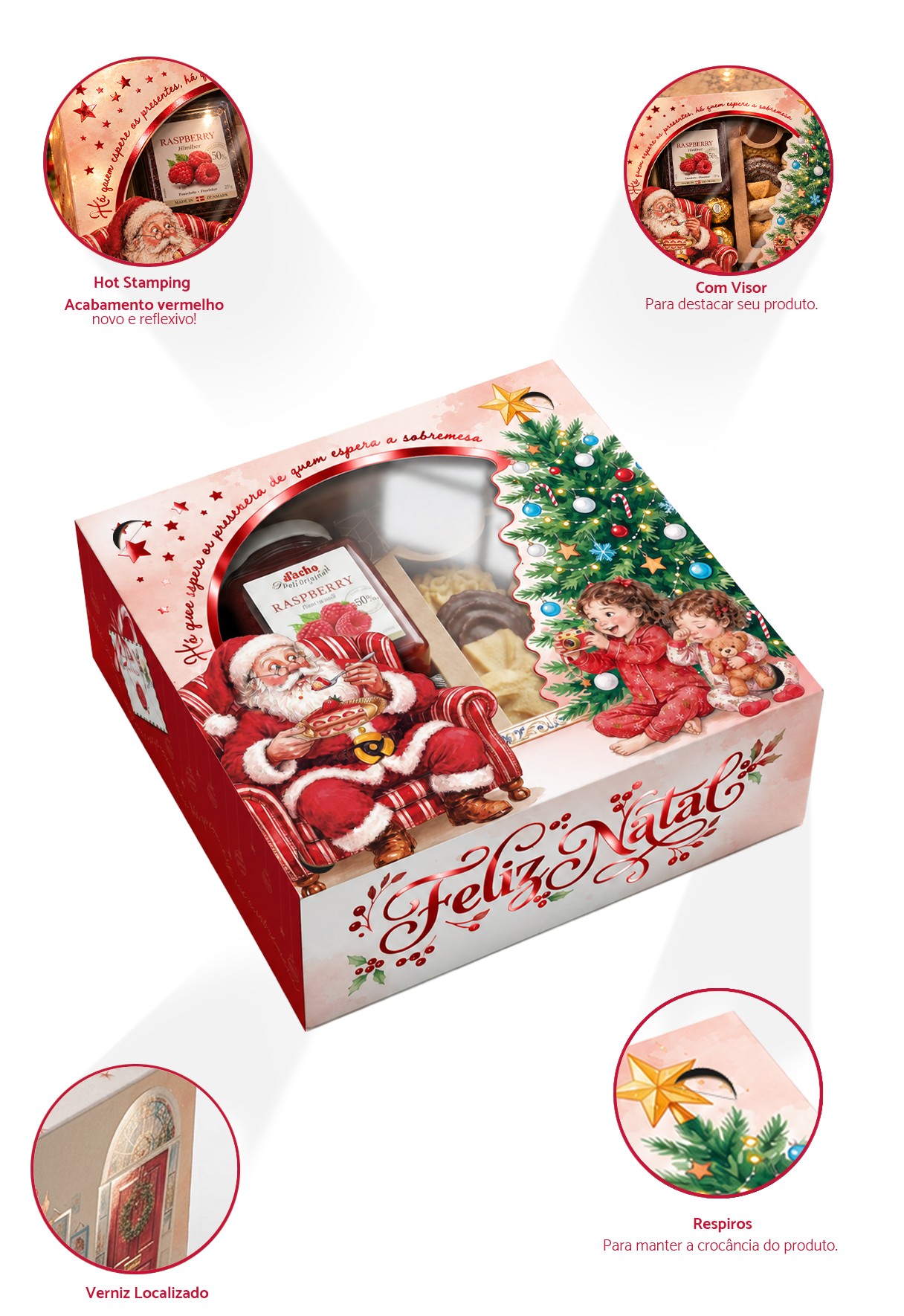 Detalhes da embalagem para torta de Natal: hot stamping, visor, verniz localizado e respiros